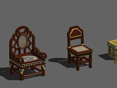 Classic Wooden Single Chair With Carved Backrest And Decorative Seat Cushion 3d model