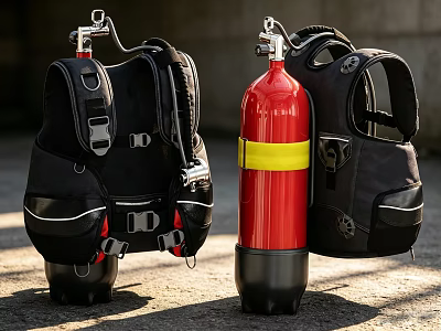 Black Backpack Style Industrial Equipment Featuring Red Gas Cylinder With Yellow Stripe 3d model