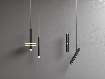 Modern Black Geometric Pendant Lights With Minimalist Design And Warm Lighting On Gray Wall 3d model