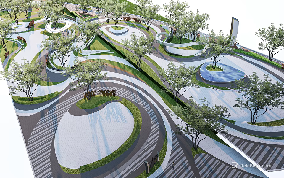 Modern Park Landscape Design With Curved Pathways Trees Lawns And Circular Plazas 3d model 