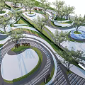 Modern Park Landscape Design With Curved Pathways Trees Lawns And Circular Plazas