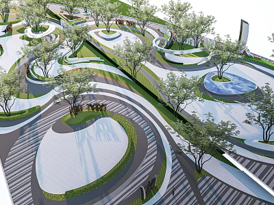Modern Park Landscape Design With Curved Pathways Trees Lawns And Circular Plazas 3d model