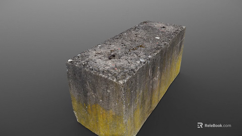 Solid Gray Stone Block With Rough Surface Holes And Yellow Mossy Edges 3d model