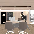 Modern Office Interior With Wooden Ceiling Desk Chairs Bookshelf Decorative Paintings And Natural Light