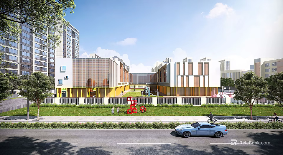 Modern School Campus Featuring Yellow White Exterior Large Windows And Green Lawn By Street 3d model 