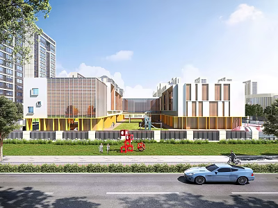 Modern School Campus Featuring Yellow White Exterior Large Windows And Green Lawn By Street 3d model
