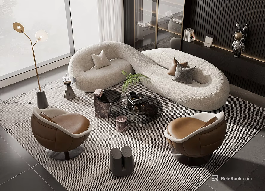 Modern Living Room Interior Design With Curved White Sofa Brown Armchairs And Round Coffee Table 3d model 