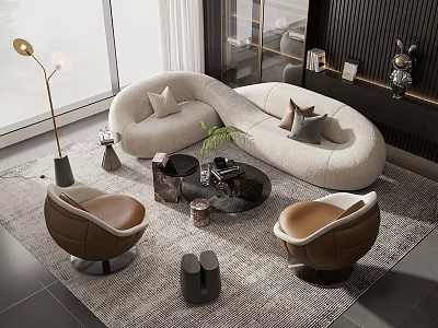 Modern Living Room Interior Design With Curved White Sofa Brown Armchairs And Round Coffee Table 3d model