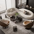 Modern Living Room Interior Design With Curved White Sofa Brown Armchairs And Round Coffee Table