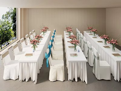 Elegant Banquet Hall Interior Design With White Tables Pink Flower Arrangements And White Chairs 3d model