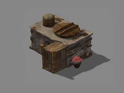 Rustic Wooden Cabinet With Curved Lid Small Door Straw Basket And Red Decor 3d model