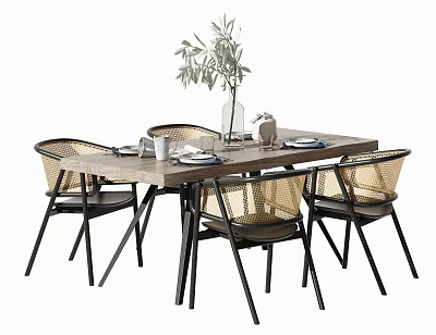 Dining Table Set with Wicker Back Chairs Black Legs Wooden Tabletop Vase and Green Plant 3d model