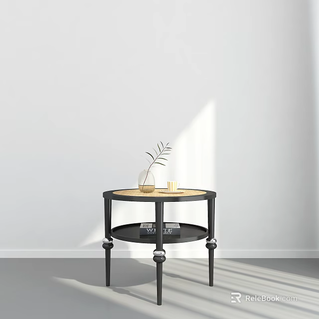 Modern Round Side Table With Wooden Top And Black Metal Legs Decorative Plant And Books 3d model 