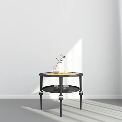 Modern Round Side Table With Wooden Top And Black Metal Legs Decorative Plant And Books 3d model