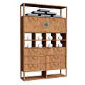 Chinese Antique Wooden Display Shelf with Circular Medallion Black Slate Top and White Ceramic Ornaments