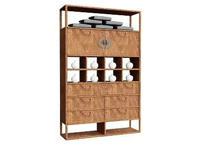Chinese Antique Wooden Display Shelf with Circular Medallion Black Slate Top and White Ceramic Ornaments 3d model