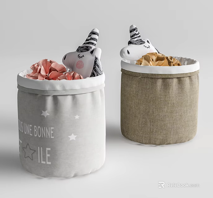 Light Gray And Brown Fabric Storage Baskets With Stuffed Unicorns And Items 3d model 