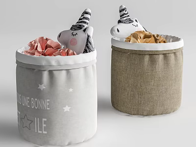 Light Gray And Brown Fabric Storage Baskets With Stuffed Unicorns And Items 3d model