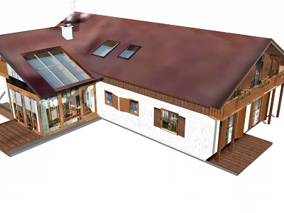 Detached Villa With Brown Roof White Exterior Wooden Windows And Wooden Deck 3d model