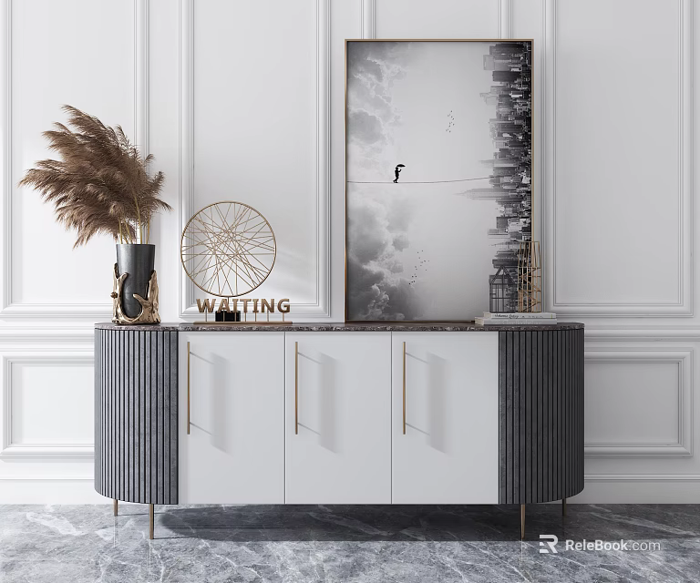 Modern Console Cabinet With Marble Top Gold Handles And Artwork Decorations 3d model 