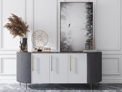 Modern Console Cabinet With Marble Top Gold Handles And Artwork Decorations 3d model