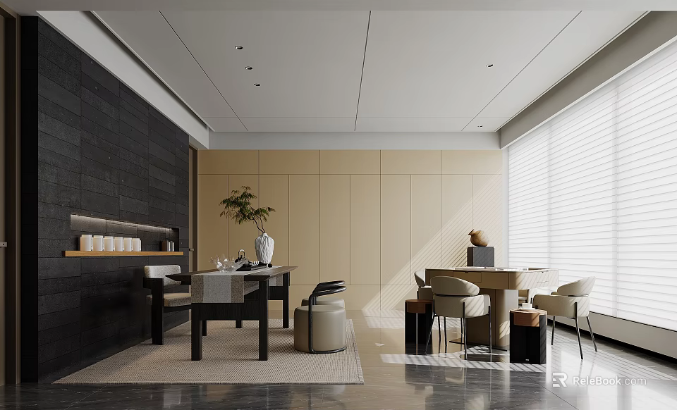 Elegant Tea Room Interior With Wooden Furniture Tea Sets Green Plants And Natural Light 3d model 