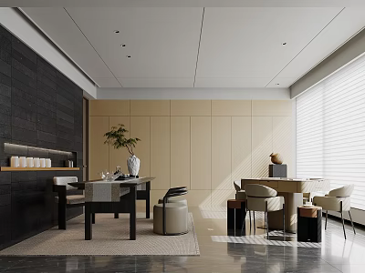 Elegant Tea Room Interior With Wooden Furniture Tea Sets Green Plants And Natural Light 3d model