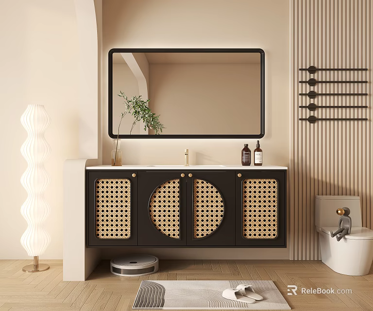 Modern Bathroom Cabinet With Rattan Round Doors And LED Mirror Above Wooden Floor 3d model 