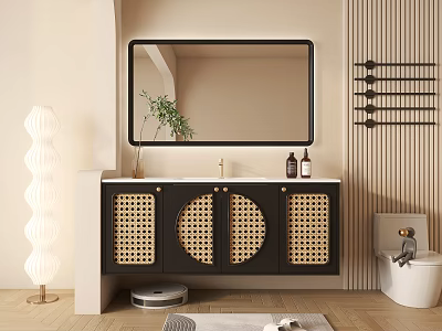 Modern Bathroom Cabinet With Rattan Round Doors And LED Mirror Above Wooden Floor 3d model