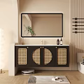 Modern Bathroom Cabinet With Rattan Round Doors And LED Mirror Above Wooden Floor