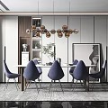 Modern Restaurant Interior With White Dining Table Blue Chairs Spherical Pendant Lights 3d model