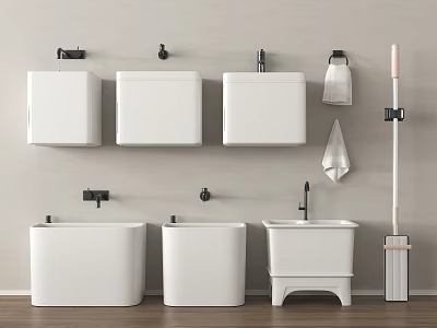Modern White Ceramic Bathroom Fixtures With Wall Mounted Toilets Pedestal Sinks Faucets And Cleaning Tools 3d model