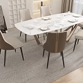 Modern White Dining Table Set With Six Beige Chairs Black Legs And Tableware On Rug