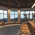 Modern Teahouse Interior Design With Wooden Counter Large Windows Mountain View And Wooden Chairs