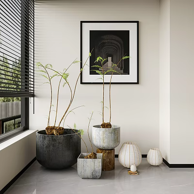 Bonsai Potted Plants In Indoor Corner With Window Blinds And Framed Picture Wall 3d model
