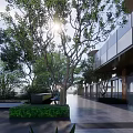 Modern Commercial Building Exterior Landscape With Glass Facade Greenery And Trees