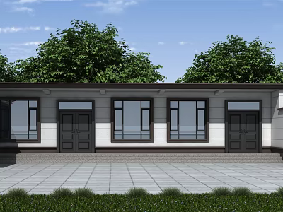 Modern Detached Villa Exterior With Dark Doors Large Windows Paved Courtyard And Green Trees 3d model
