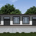 Modern Detached Villa Exterior With Dark Doors Large Windows Paved Courtyard And Green Trees