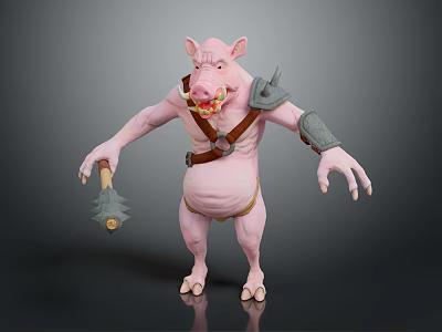 Pink Pig Warrior Creature With Spiked Shoulder Armor Leather Belt And Hammer Fantasy 3d model