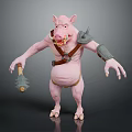 Pink Pig Warrior Creature With Spiked Shoulder Armor Leather Belt And Hammer Fantasy