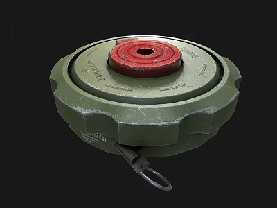 Green Circular Military Mine With Red Top Cover And Metal Ring Structure 3d model