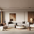 Modern Living Room Interior With Light Gray Sofa Wooden Armchair Rug And Decorative Art
