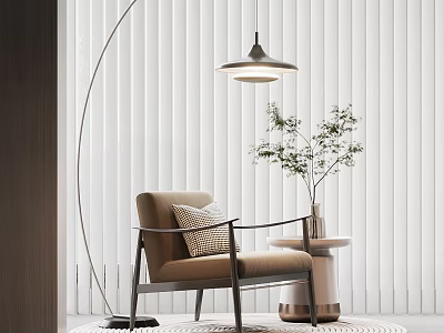 Beige Upholstered Accent Chair With Metal Frame Side Table Potted Plant And Vertical Slat Wall 3d model