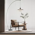 Beige Upholstered Accent Chair With Metal Frame Side Table Potted Plant And Vertical Slat Wall