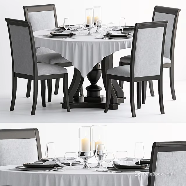 Round Dining Table With White Tablecloth And Gray Upholstered Chairs With Black Frames And Dinnerware 3d model