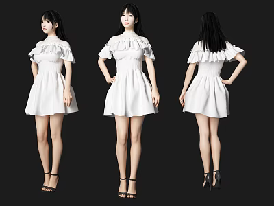 Woman in White Ruffle Dress with Black High Heels Three Quarter Front Side Back Views 3d model