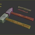 Hardware Tools Including Hammers With Metal Heads And Wooden Handles And Different Sizes Crowbars