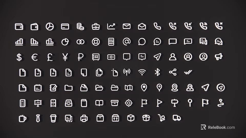 White Icon Collection Featuring Various Symbols On Black Background Design 3d model