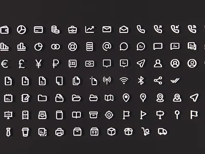 White Icon Collection Featuring Various Symbols On Black Background Design 3d model
