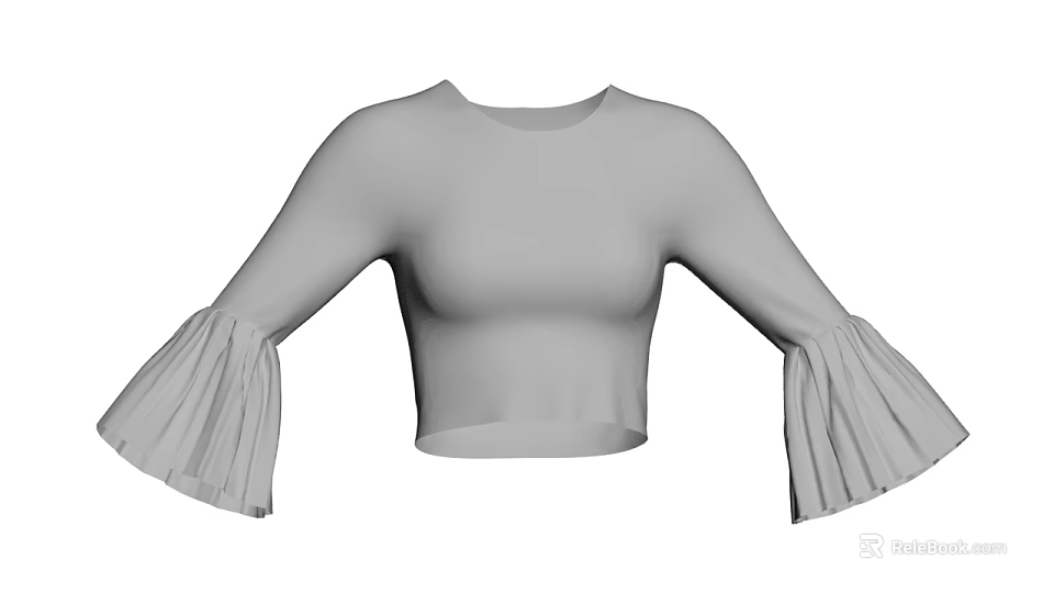 Stylish Gray Cropped Top with Long Flared Sleeves Women Casual Fashion Style 3d model 